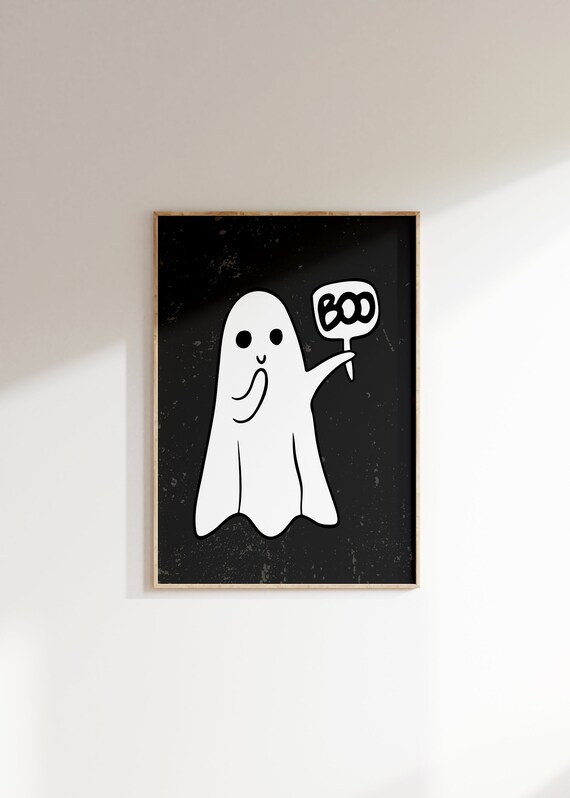 Boo Ghost Sign Cute Spooky Black Background Halloween Art Poster