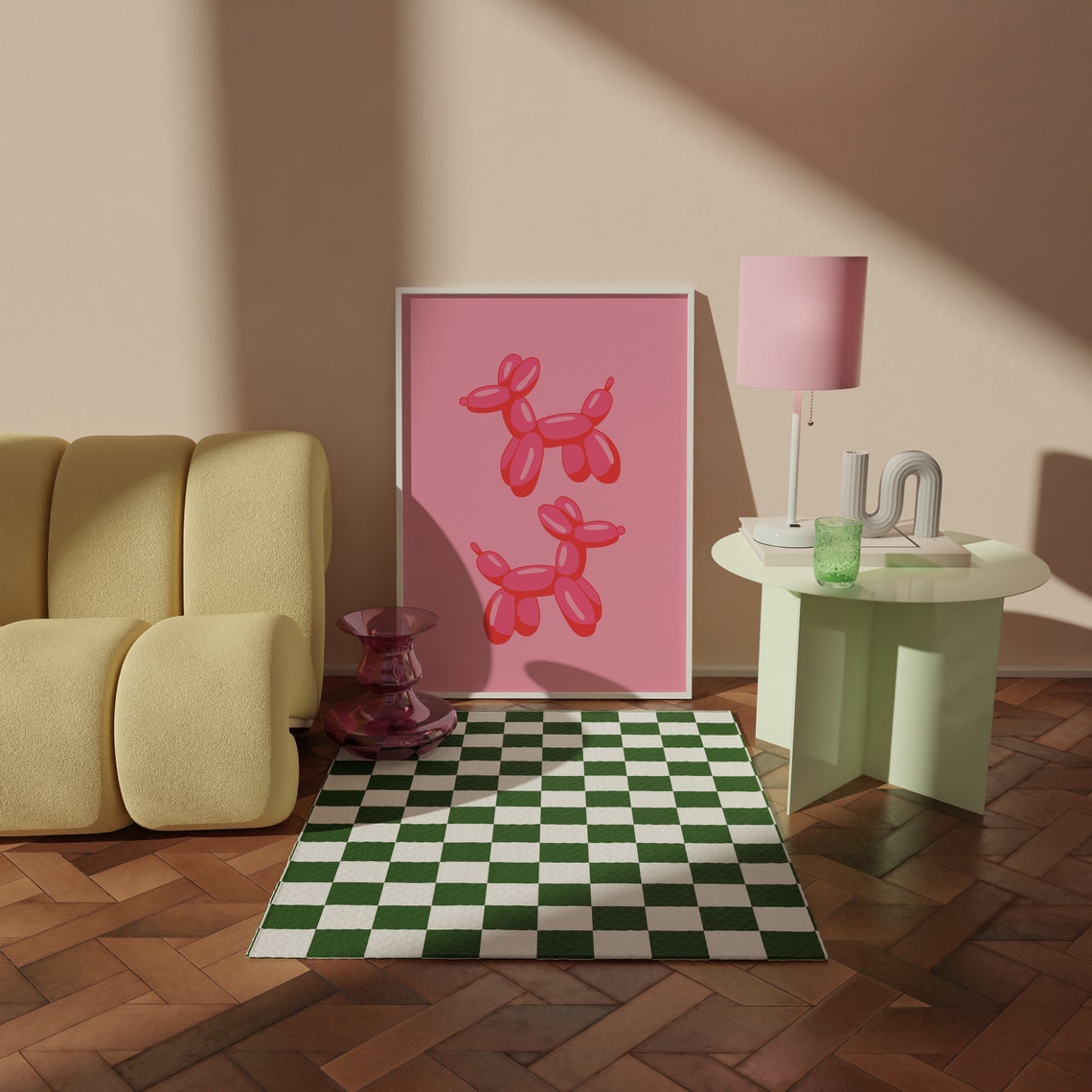 Twin Pink Balloon Dogs Minimalist Soft Pink Backdrop Fun Art Poster - Image 2