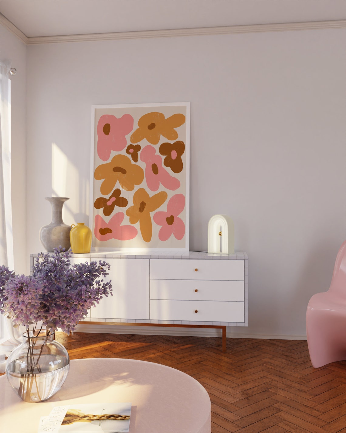 Retro Groovy Flower Power 70s Abstract Daisy Pink Orange Floral Poster - Image 3