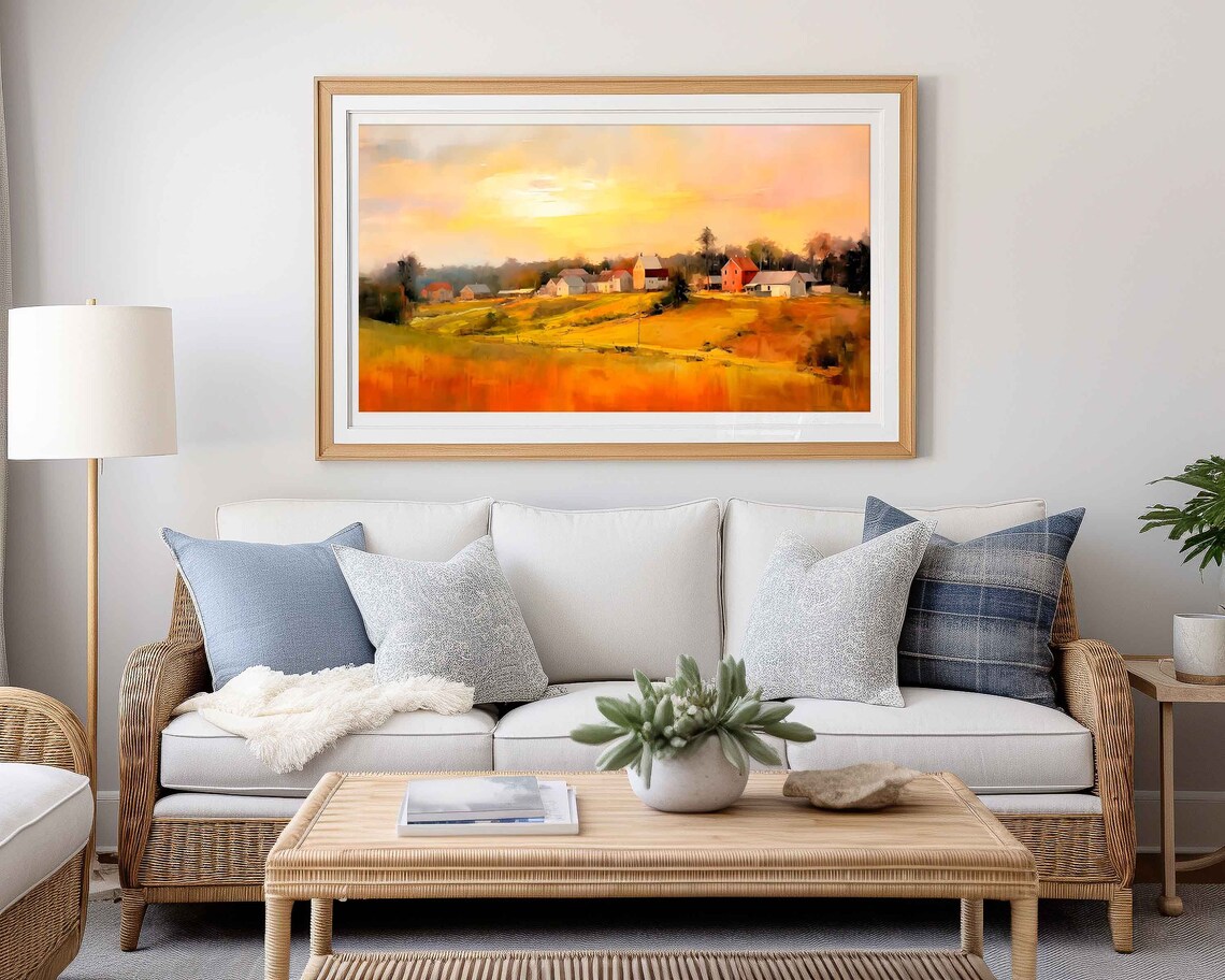 Golden Autumn Sunset Over Farming Village and Fields Art Poster - Image 4