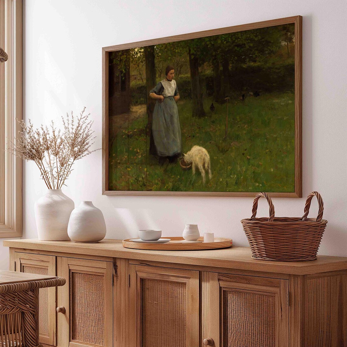 Peasant Woman Feeding Lamb In Green Meadow Antique Farm Painting Poster - Image 2