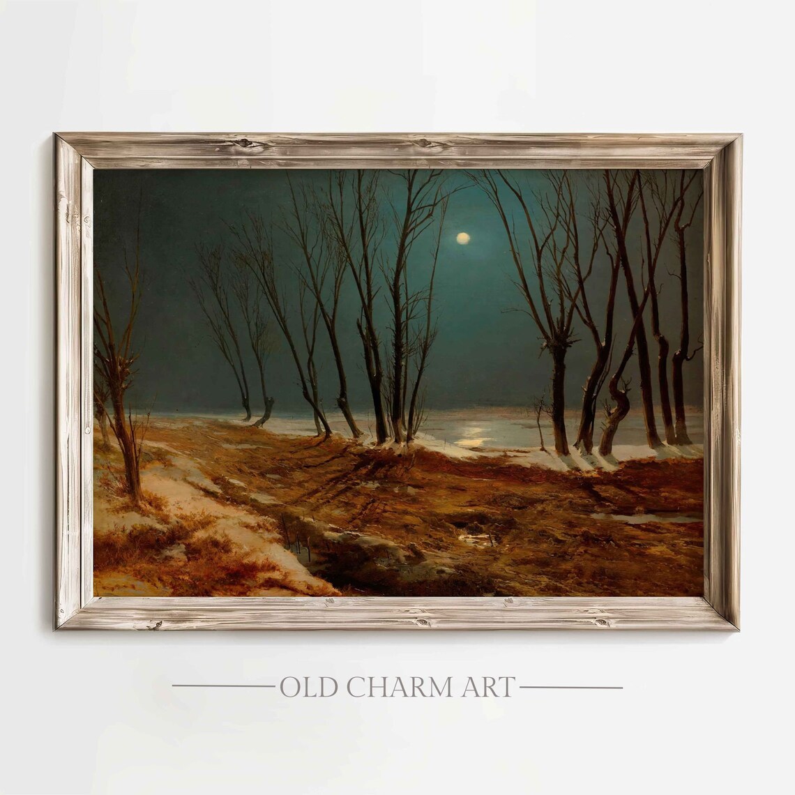 Moonlit Winter River Bare Trees Oil Painting Vintage Night Poster