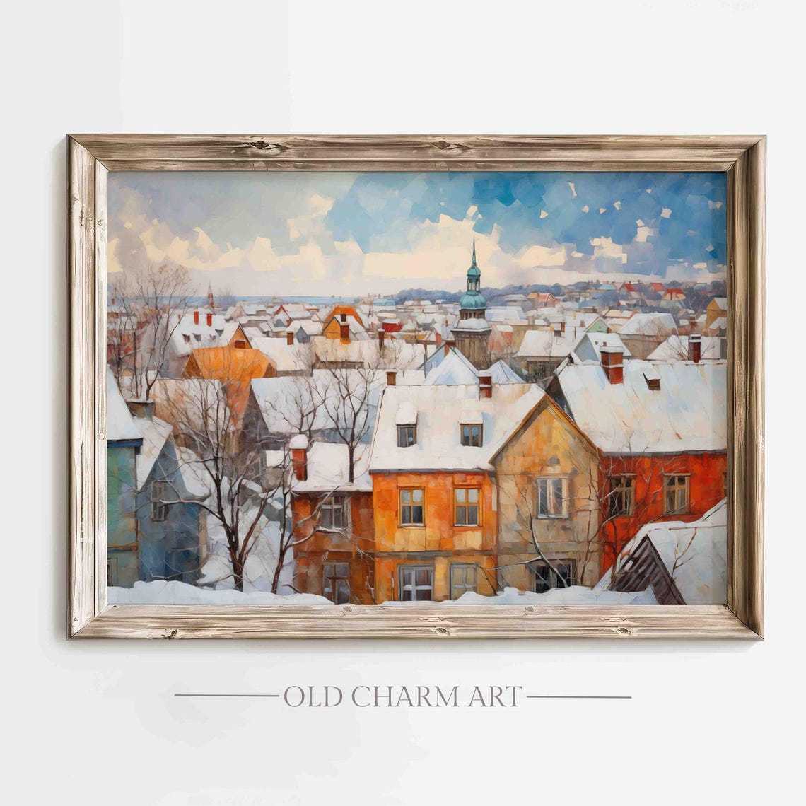 Old Winter Cityscape Snowy Rooftops Church Dome Painting Poster