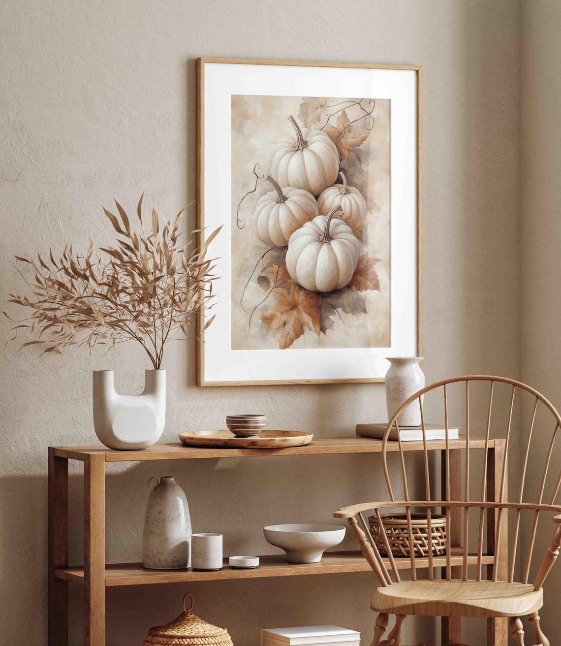 White Pumpkins With Autumn Leaves Vertical Watercolor Wall Art - Image 2