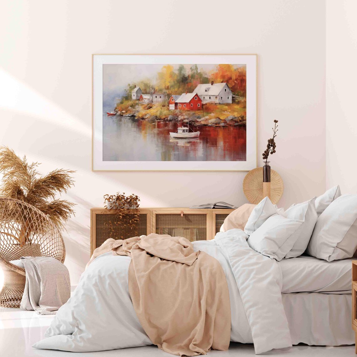 Red Coastal Village Rocky Shore Autumn Lake Cozy Painting Poster - Image 3