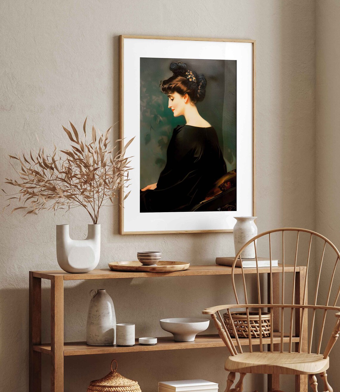 Elegant Woman in a Black Dress Profile Portrait Vintage Oil Art Print - Image 4