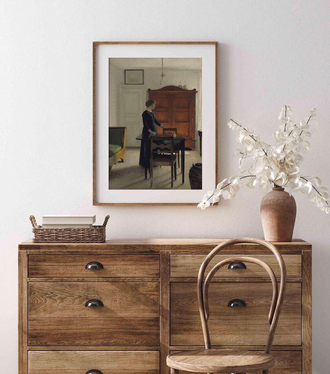 Woman In Dark Dress Quiet Interior Wooden Cabinet Soft Light Vintage Painting Poster - Image 4