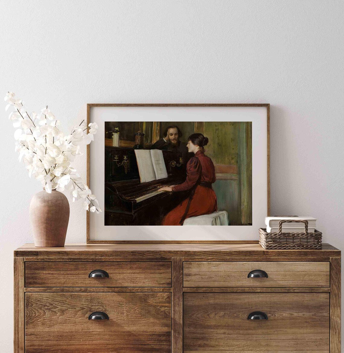 Woman In Red Dress Piano Candlelight Man Watching Vintage Interior Painting Poster - Image 4