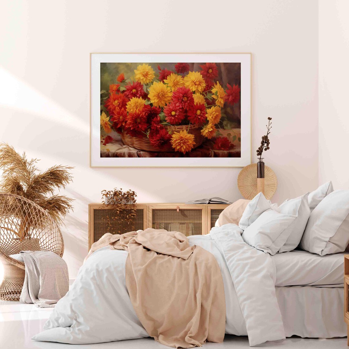 Basket of Red and Yellow Chrysanthemums Autumn Floral Art Poster - Image 3