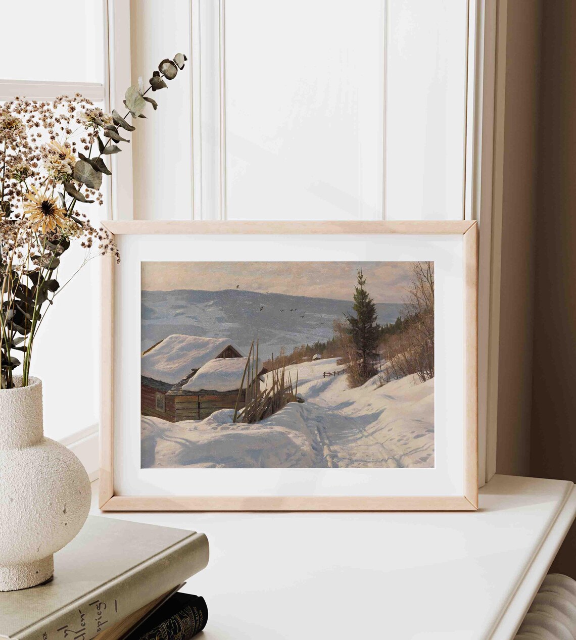 Bright Winter Farmhouse Barn Snowy Mountain Valley Painting Poster - Image 2