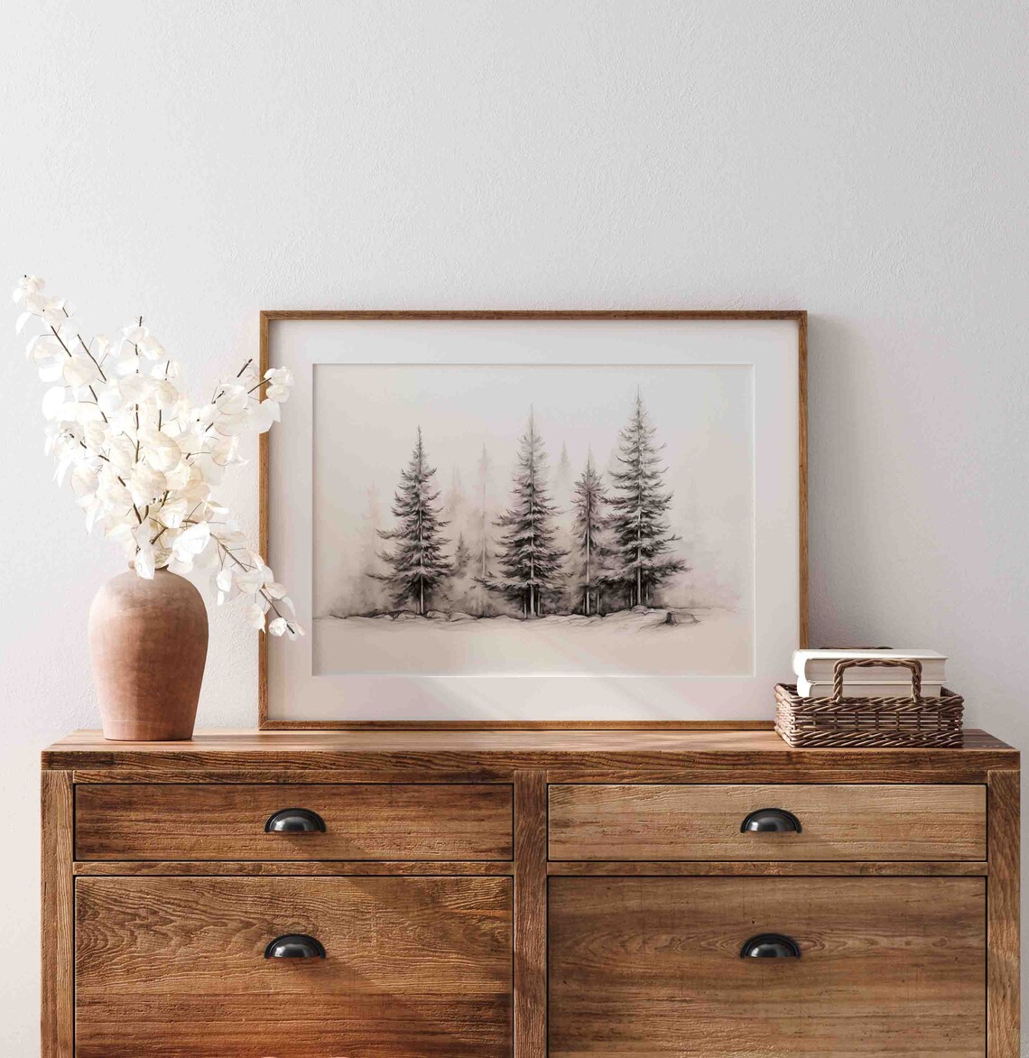 Pine Trees in Mist Black White Sketch Minimalist Forest Art Print - Image 2