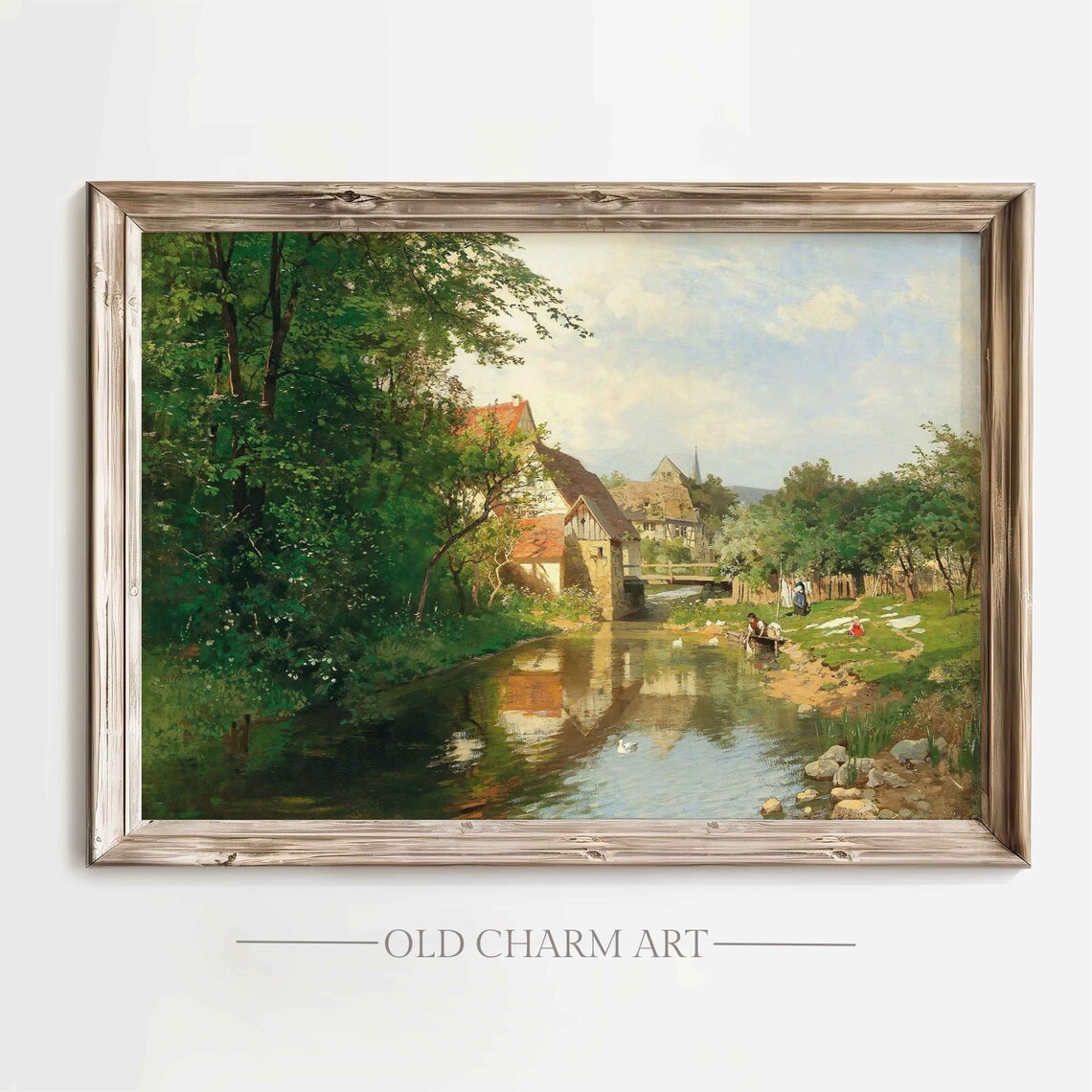 Summer Village By A Reflective River With Stone Mill Houses Poster