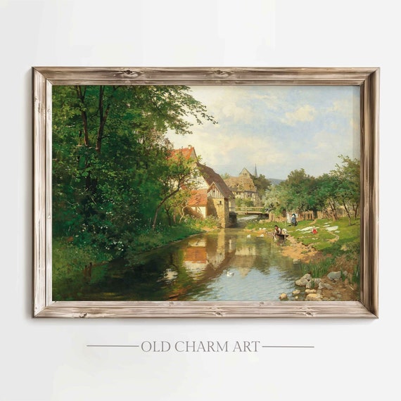 Vintage Landscape Print Rustic Landscape Painting Summer Village Wall Art River Cottage Poster Wa118