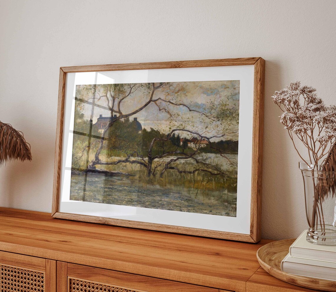 Moody Lakeside Painting Of Gnarled Trees And A Distant Manor Poster - Image 3