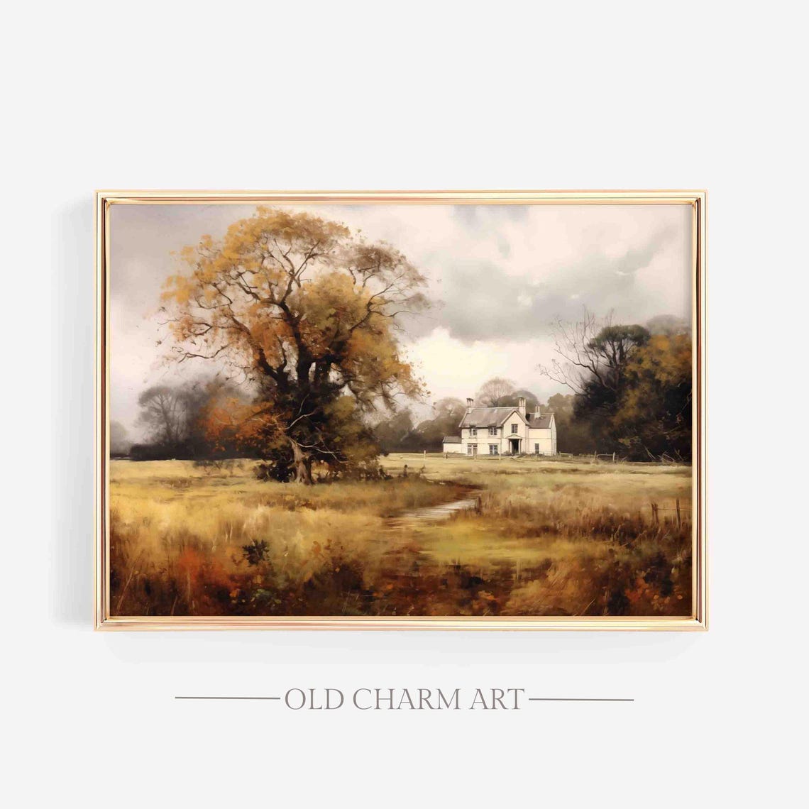 Lone Oak Tree in Golden Autumn Meadow by Old Farmhouse Poster
