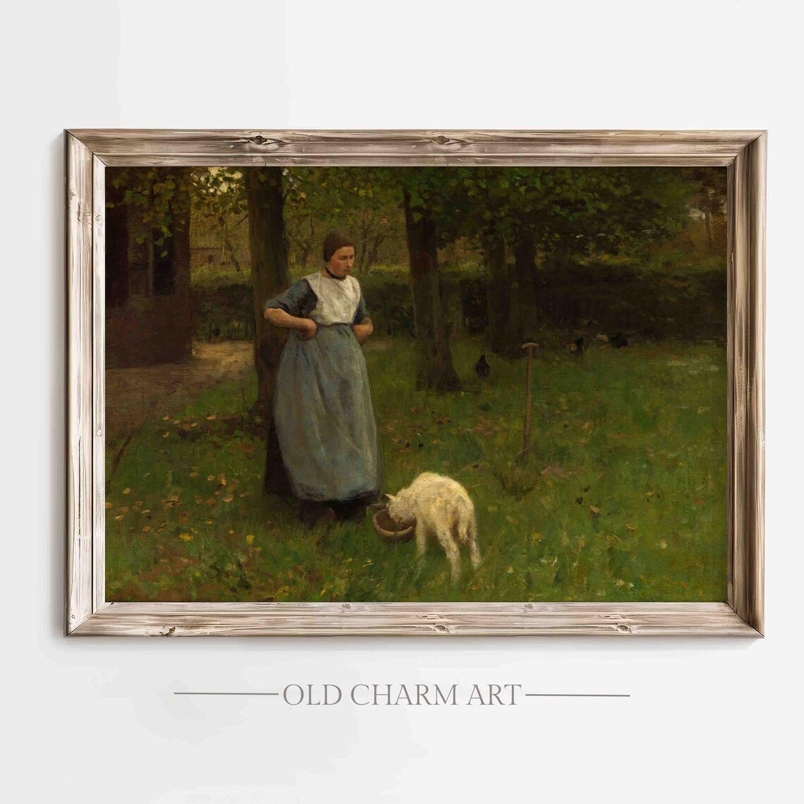 Peasant Woman Feeding Lamb In Green Meadow Antique Farm Painting Poster