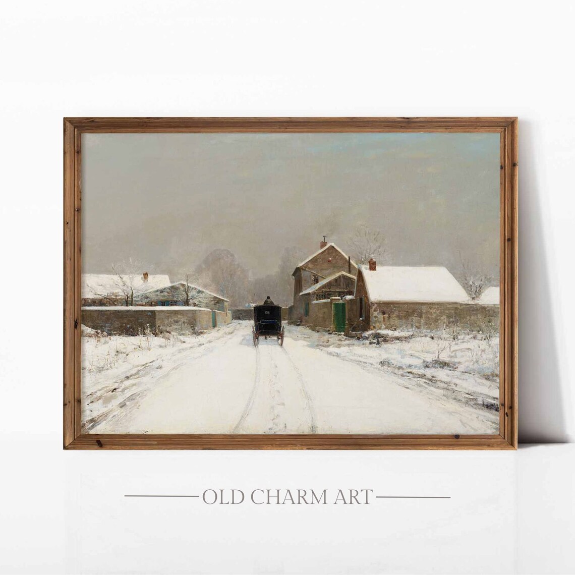 Vintage Winter Village Road Horse Carriage Snow Painting Poster