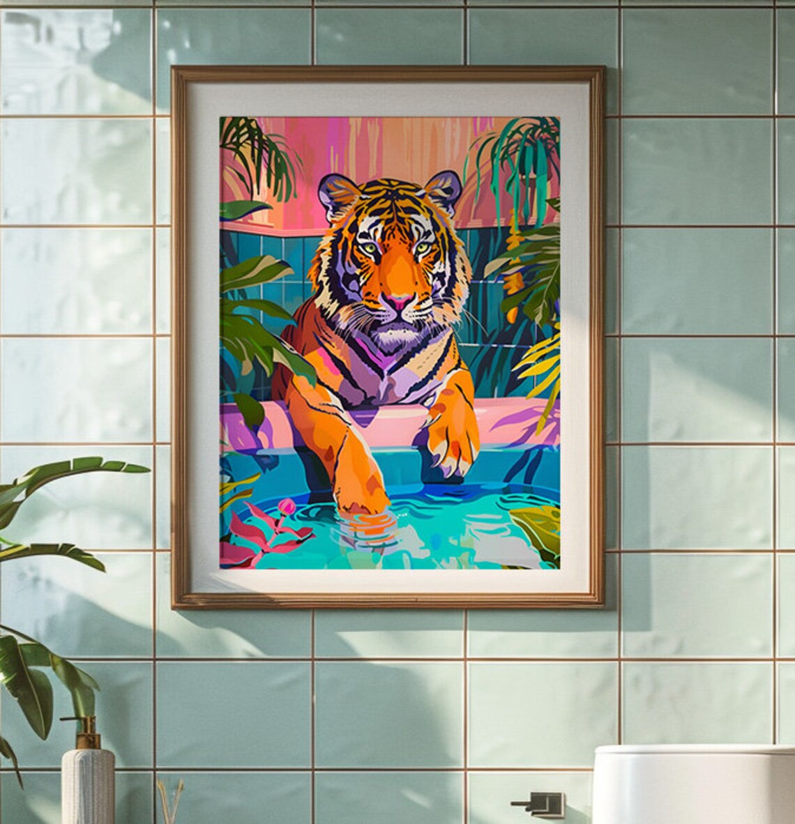 Tiger Leaning Over Bathtub Tropical Leaves Bold Pop Art Poster - Image 2
