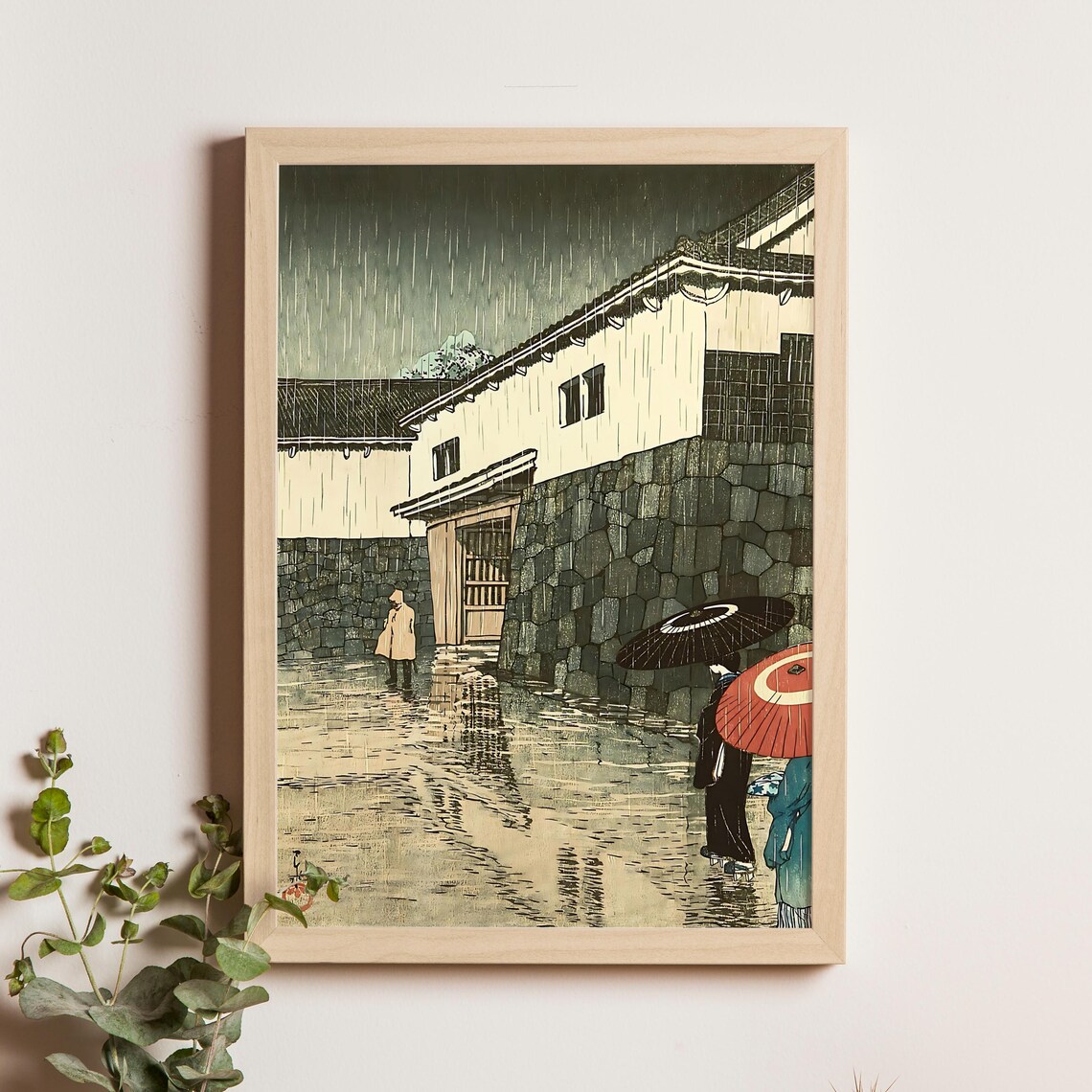 Rainy Street with Red Umbrellas and White Storehouses Art Print