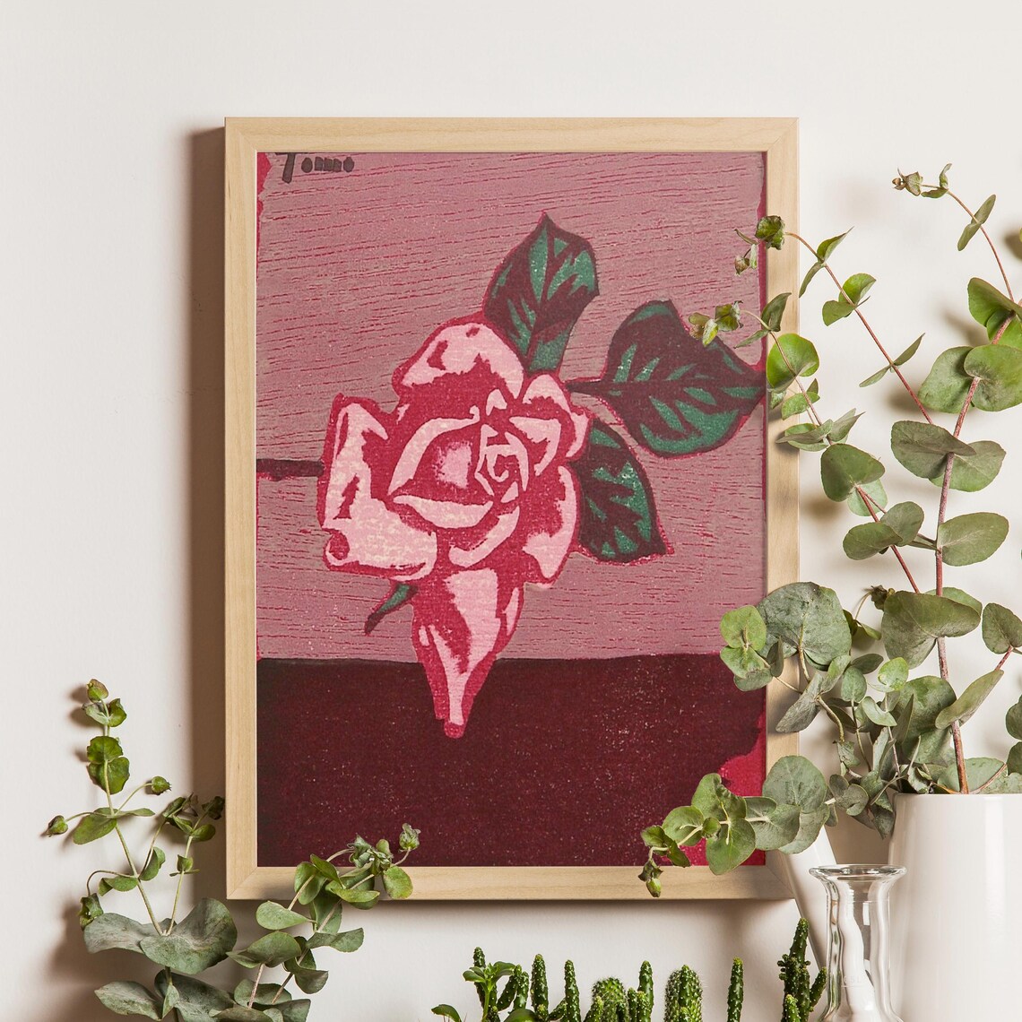 Pink Rose Blossom by Inagaki Tomoo 1950 Woodblock Art Poster