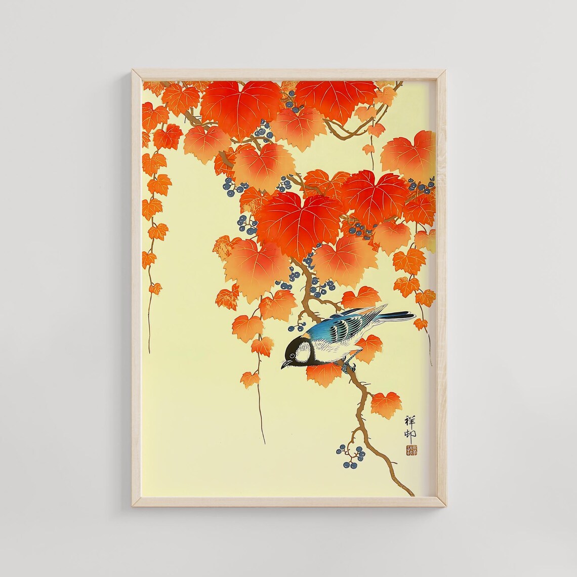 Ohara Koson Blue Songbird on Crimson Autumn Vine Japanese Poster