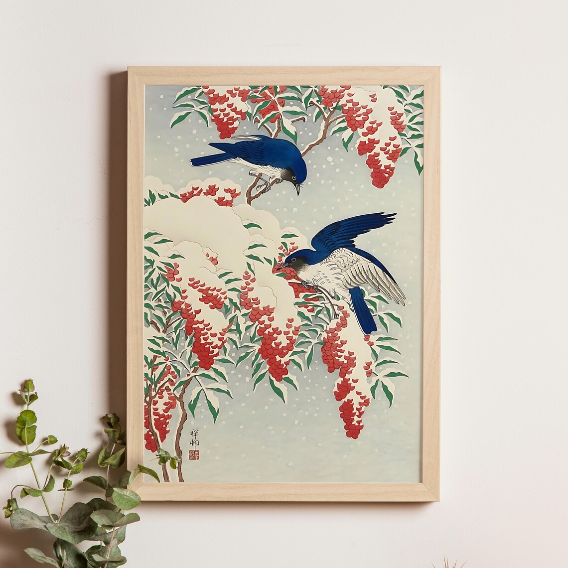 Blue Flycatchers in Snow on Red Berries Japanese Woodblock Poster