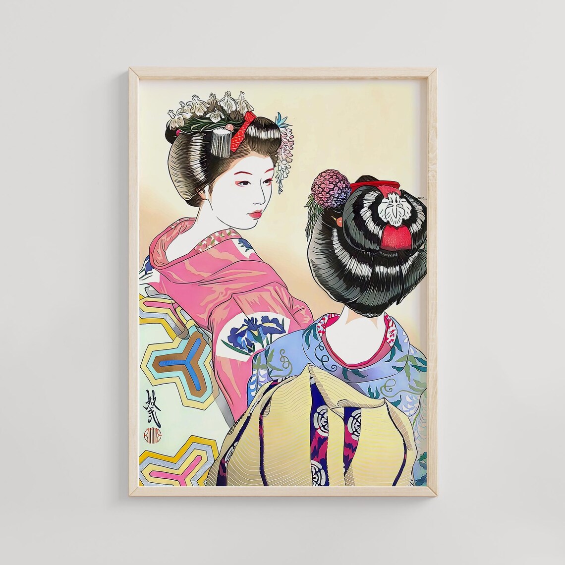 Two Geishas In Ornate Kimono With Hair Ornaments Woodblock Poster