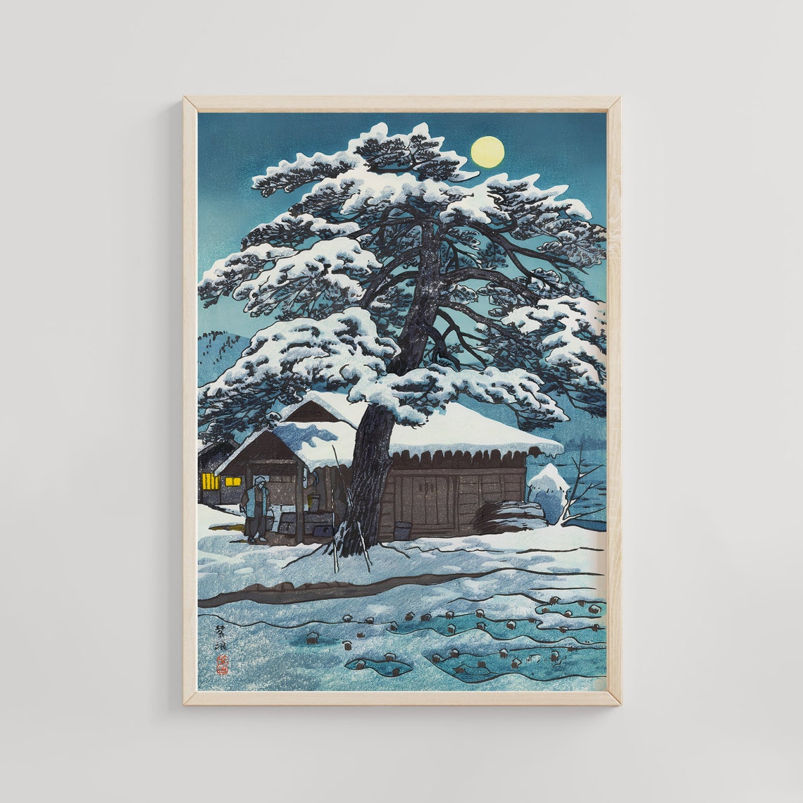 Shiro Kasamatsu Snowy Pine Tree Moonlit Night Vintage Japanese Poster