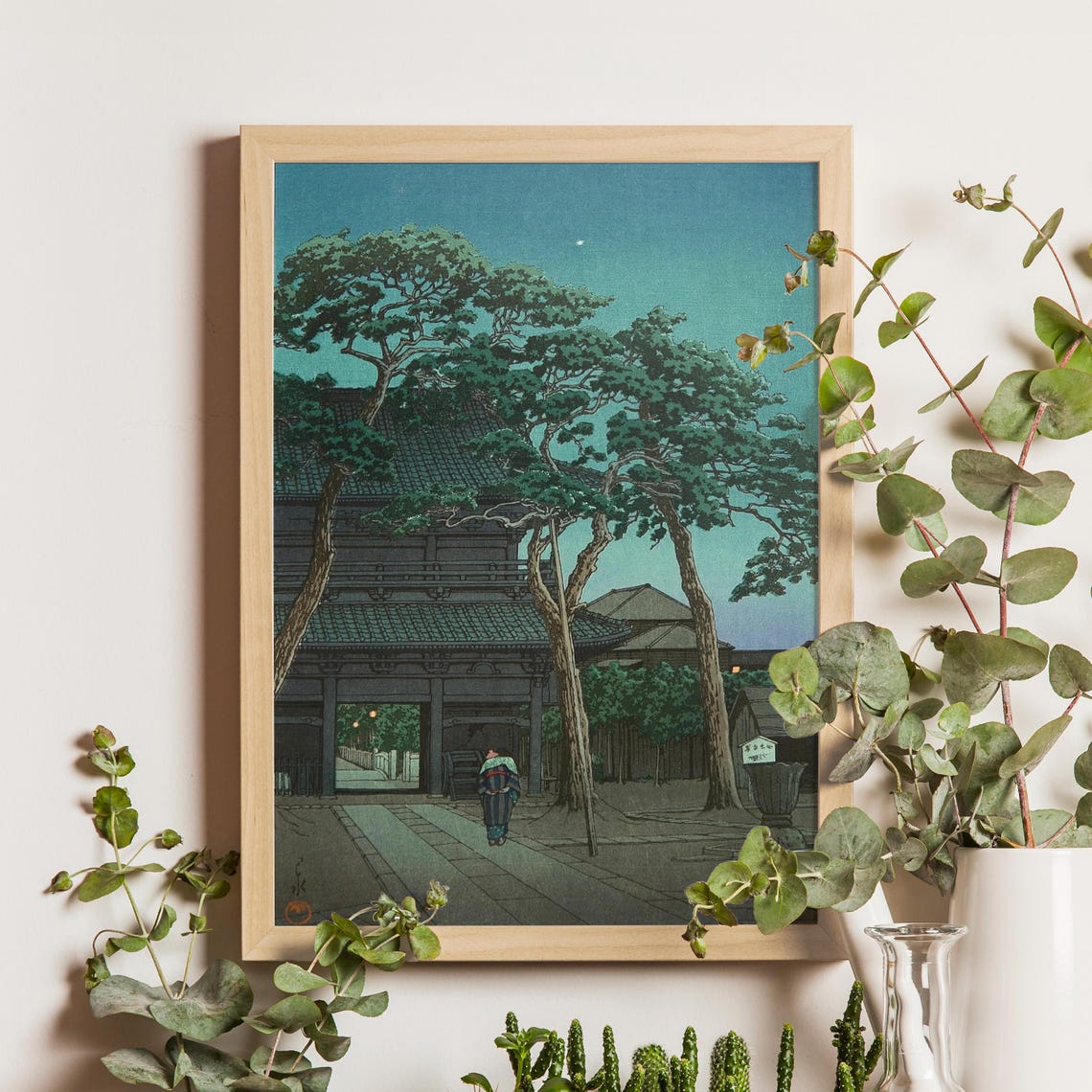 Kawase Hasui Sengaku Temple 1930s Dusk Gate Figure Japanese Poster