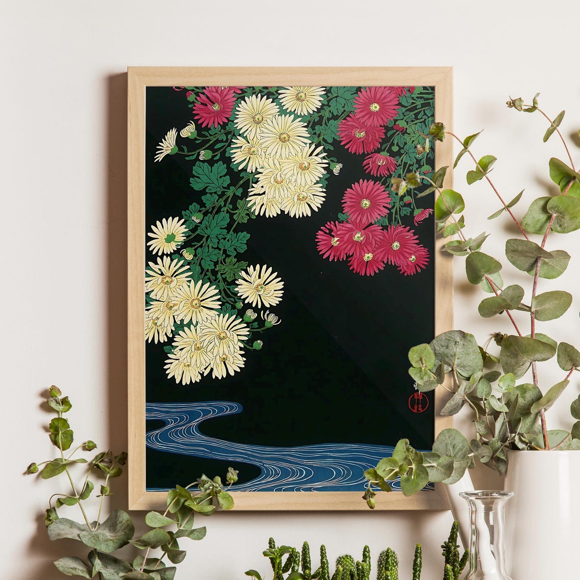 Ohara Koson Chrysanthemums Over Running Water Vintage Japanese Poster
