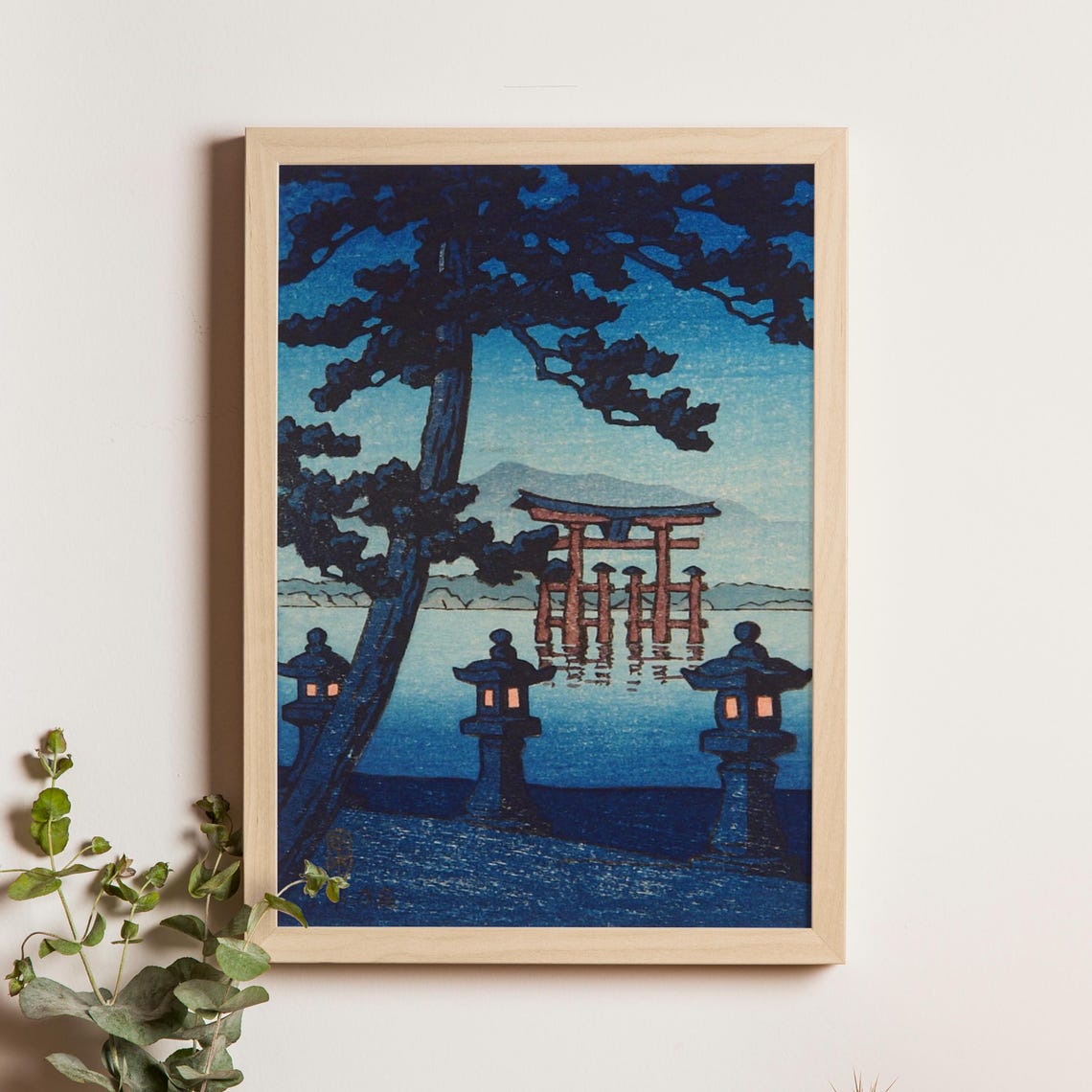 Kawase Hasui Torii Gate Night Pine Lanterns Vermilion Woodblock Poster