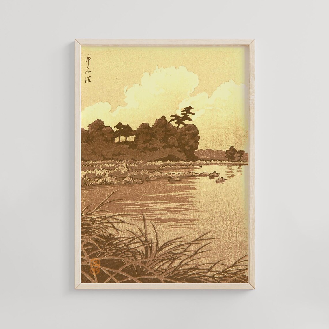 Kawase Hasui Lake Naka 1930 Sepia Shore Golden Light Art Poster
