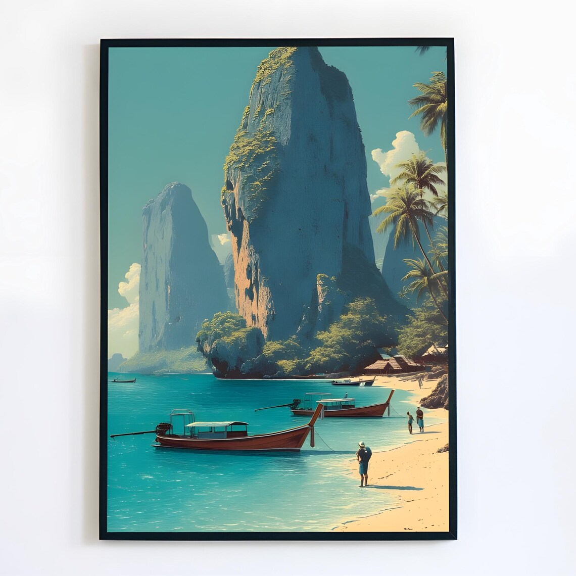 Thailand Krabi Travel Poster Limestone Cliffs Longtail Boats Beach Art