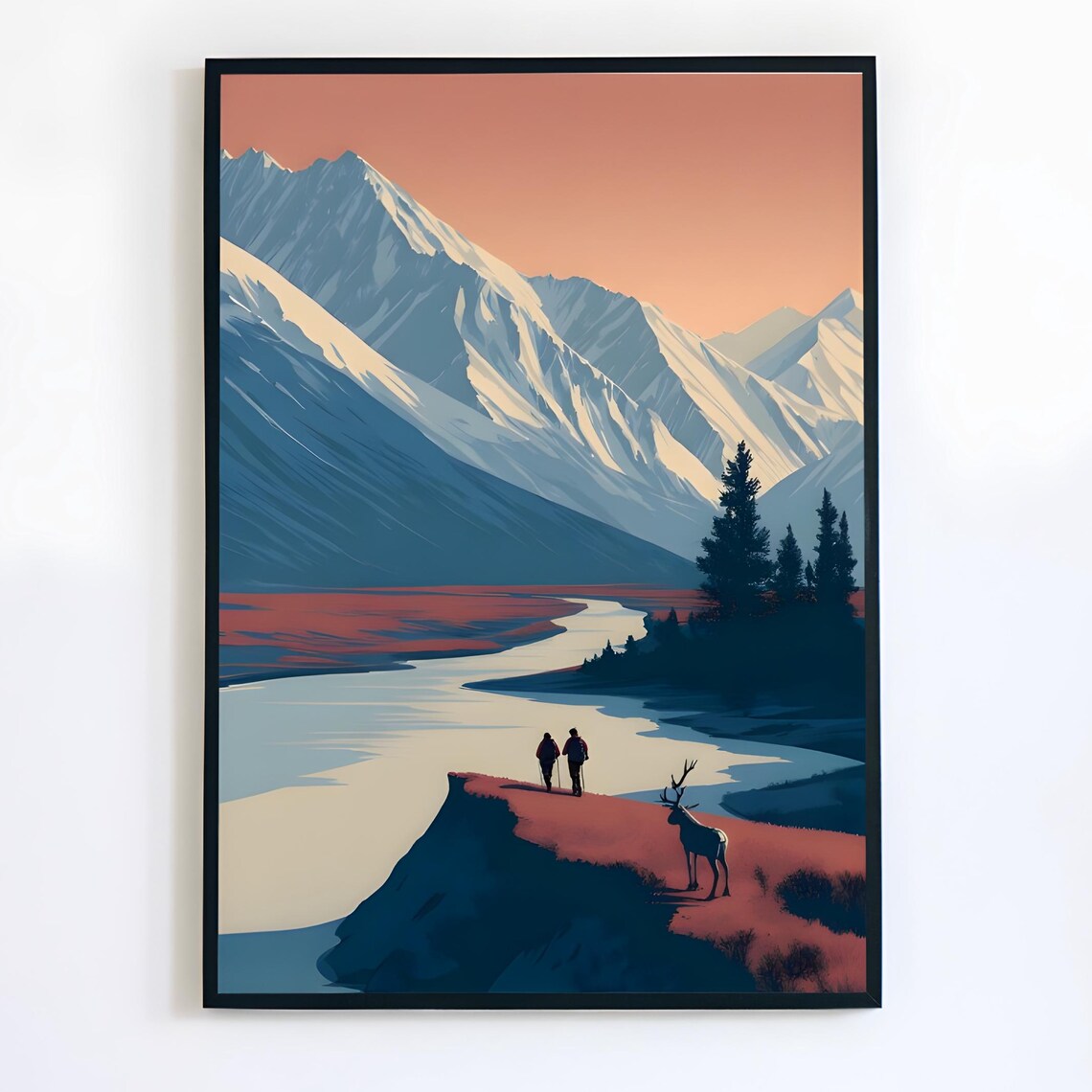 Arctic National Park Snowy Peaks Hikers Reindeer Wilderness Poster