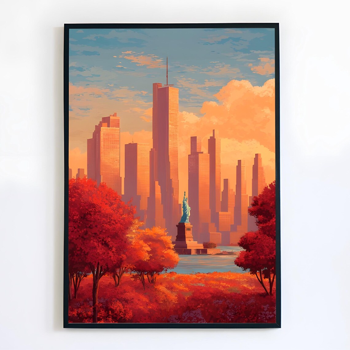 New York City Autumn Skyline Statue Of Liberty Sunset Poster