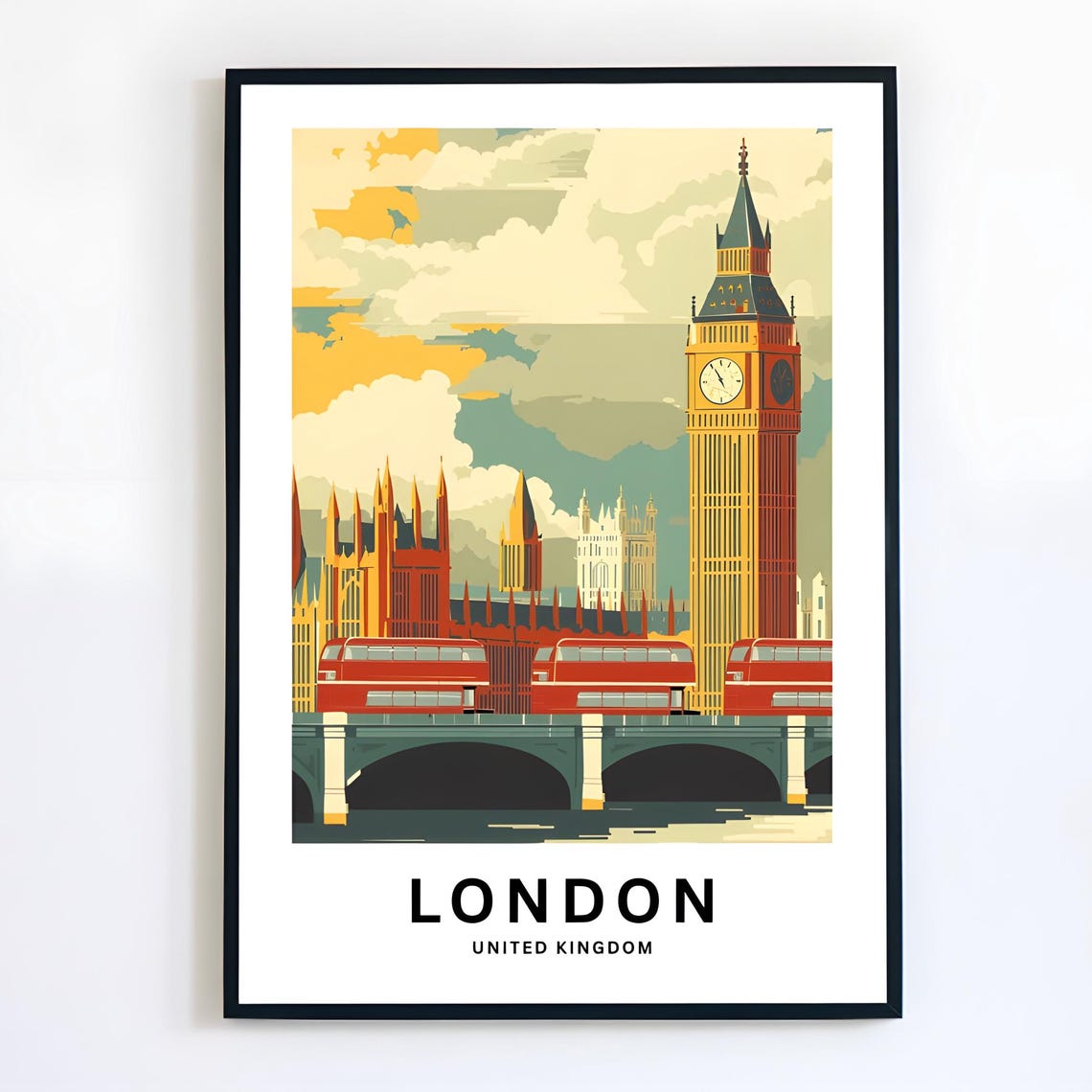 London Big Ben Red Buses Parliament Westminster Vintage Travel Poster