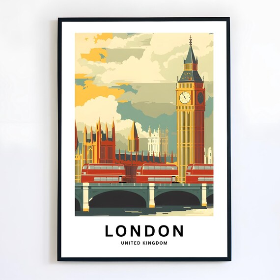 London Big Ben Red Buses Parliament Westminster Vintage Travel Poster