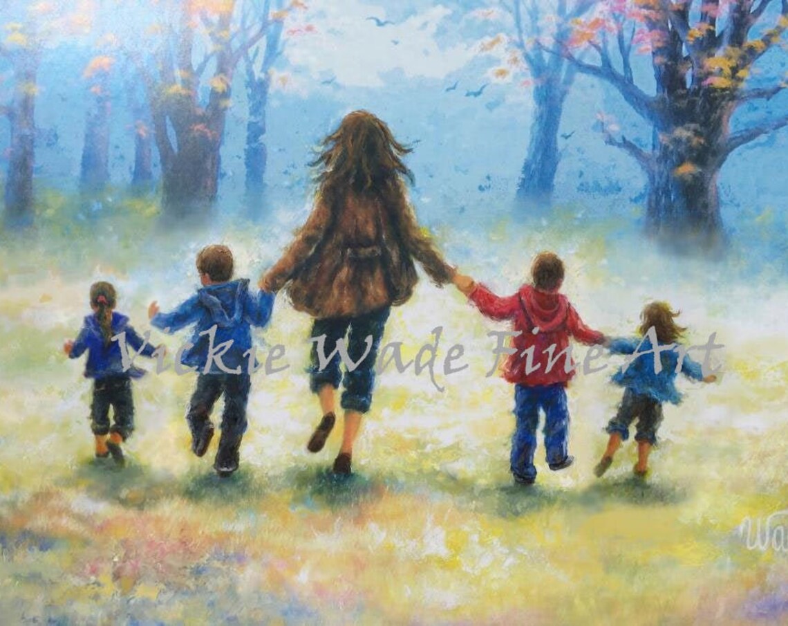 Mother Two Sons Two Daughters Art Print Four Children Two Boys Two Girls Mom Twin Girls Wall Art Mothers Day Gift Vickie Wade Art