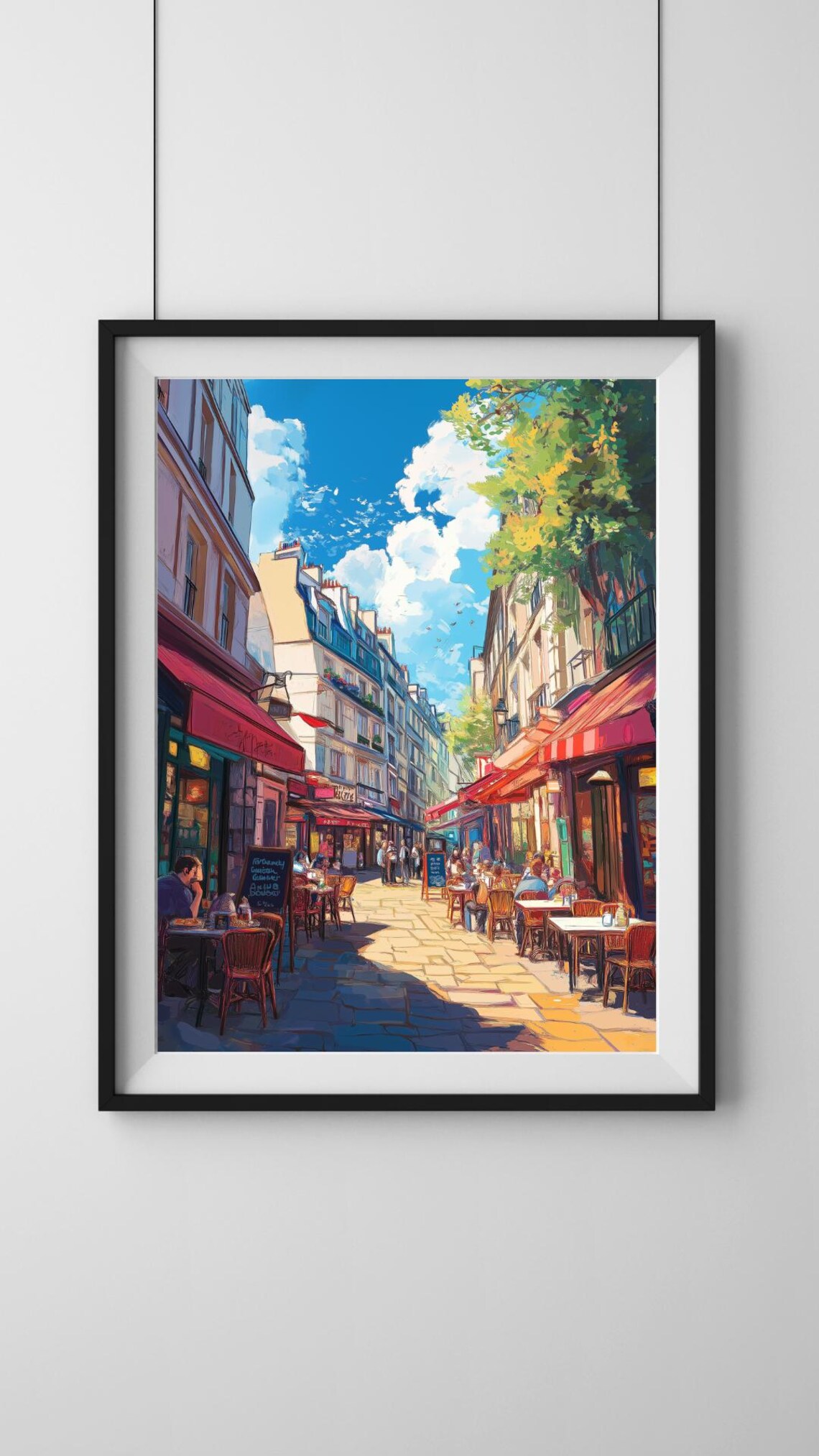 Sunny Paris Cafe Street With Red Awnings And Cobblestones Poster