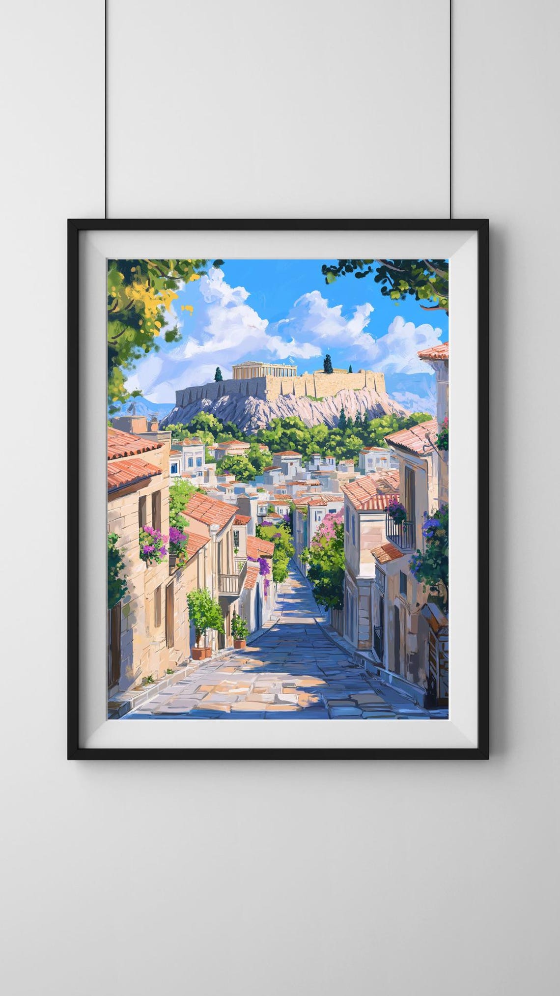 Athens Acropolis Above Plaka Street Illustrated Greece Poster