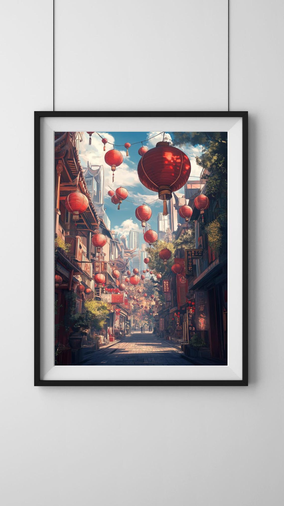 Anime Lantern Street in Old Chinatown Cityscape Nursery Poster