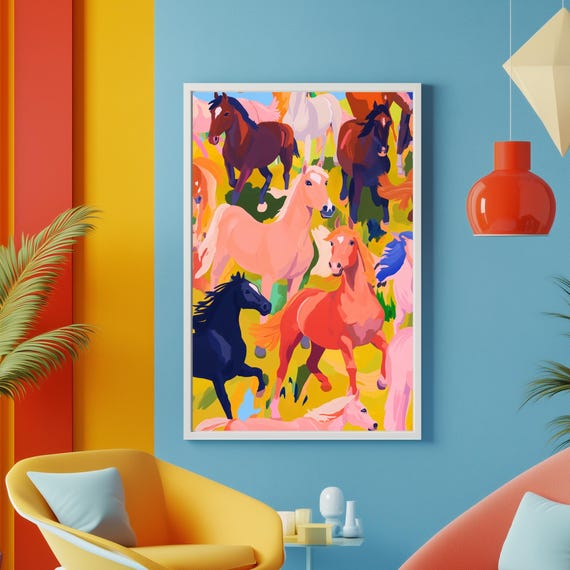 Vibrant Running Horses Print Maximalist Horse Art Colorful Equine Wall Decor Wild Horses Galloping Bold Equestrian Poster Eclectic Home