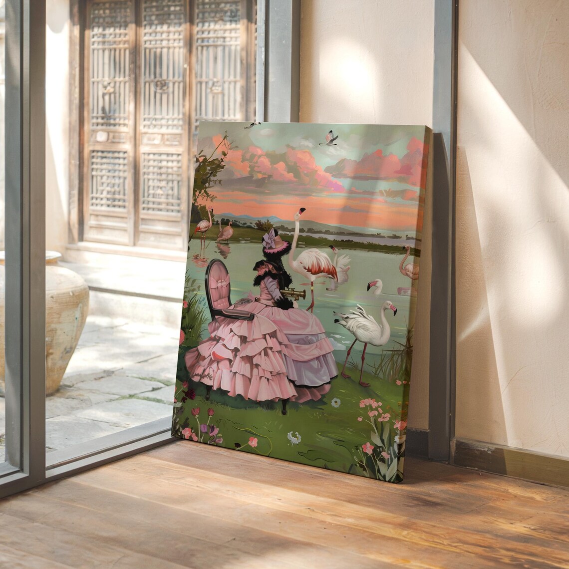 Lady Painting Flamingos at a Lakeside Sunset Painterly Poster