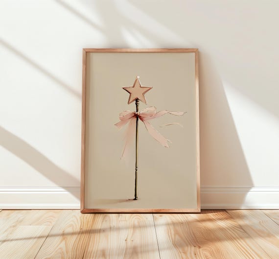 Starshaped Wand With Pink Ribbons Magical Nursery Wall Art Pastel Dream Decor Fairy Tale Childs Room Fantasy Print 119
