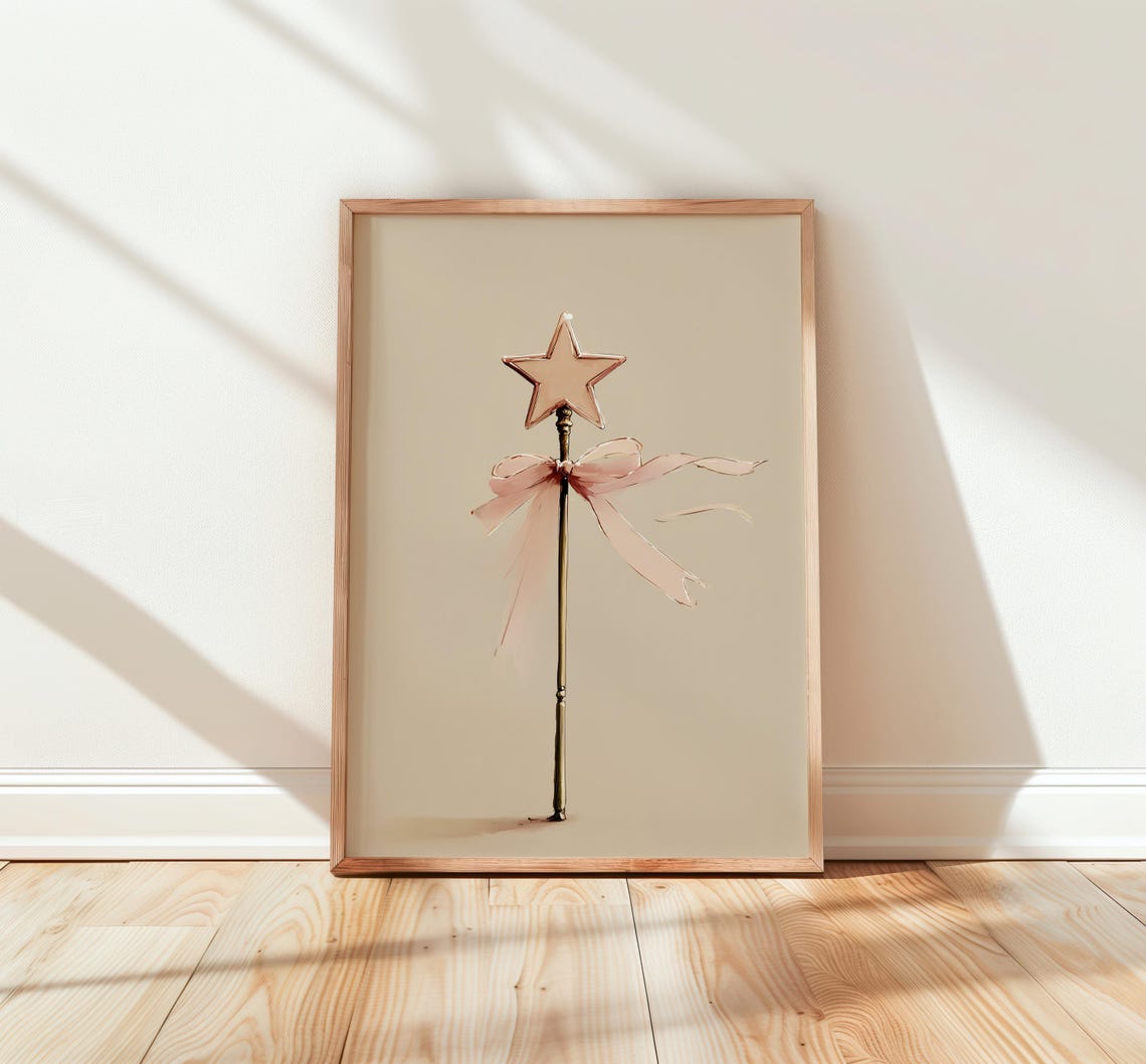 Fairy Wand Star Pink Bow Minimalist Nursery Magic Decor Poster