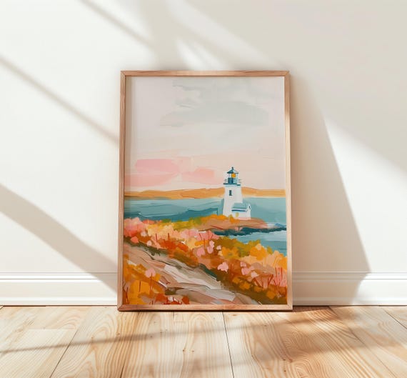 Nautical Lighthouse Autumn Coast Watercolor Seascape Painting Poster