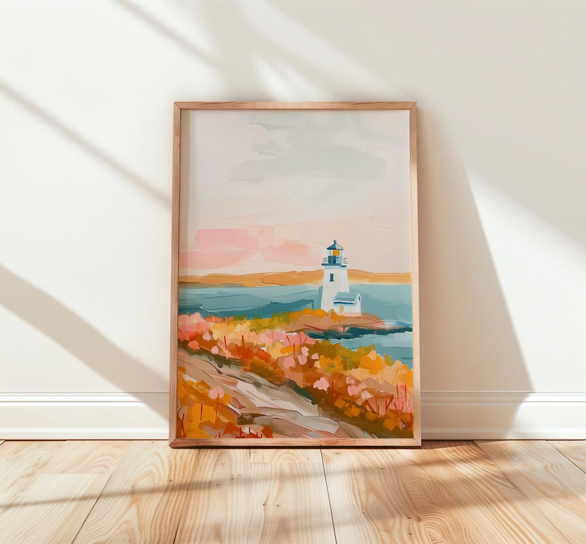 Nautical Lighthouse Autumn Coast Watercolor Seascape Painting Poster