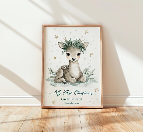 Sweet My First Christmas Fawn Watercolor Baby Deer Nursery Poster