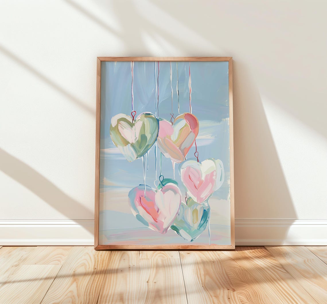 Pastel Heart Balloons Floating Blue Sky Sweet Romantic Wall Print