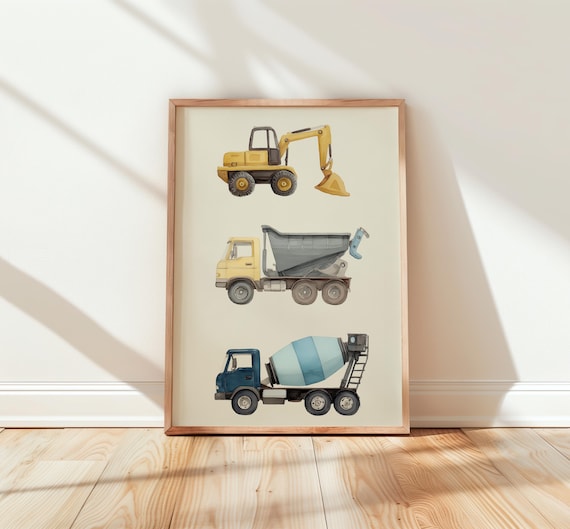 Watercolor Construction Trucks Poster Excavator Dump Truck Kids Room Art
